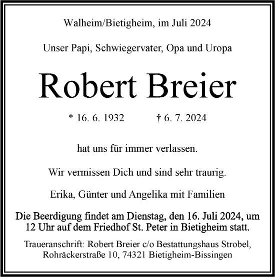 Traueranzeige von Robert Breier von Bietigheimer Zeitung