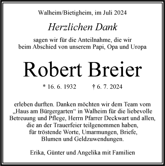 Traueranzeige von Robert Breier von Bietigheimer Zeitung