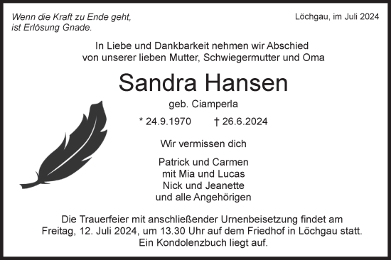 Traueranzeige von Sandra Hansen von Bietigheimer Zeitung