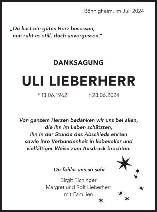 Traueranzeige von Uli Lieberherr von Bietigheimer Zeitung