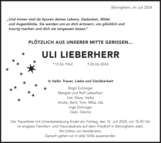 Traueranzeige von Ulrich Lieberherr von Bietigheimer Zeitung