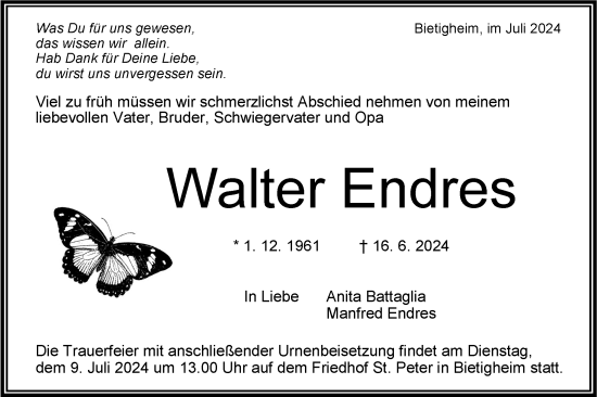 Traueranzeige von Walter Endres von Bietigheimer Zeitung