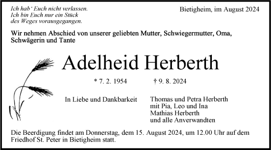 Traueranzeige von Adelheid Herberth von Bietigheimer Zeitung