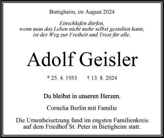 Traueranzeige von Adolf Geisler von Bietigheimer Zeitung