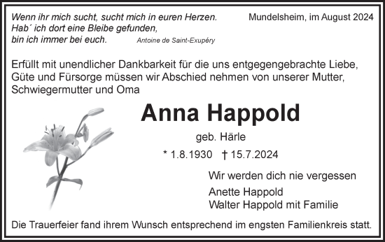 Traueranzeige von Anna Happold von Bietigheimer Zeitung