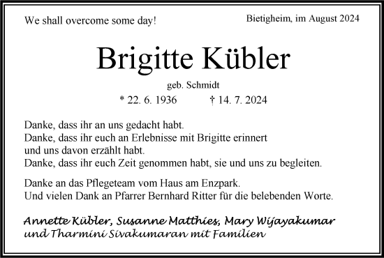 Traueranzeige von  Brigitte Kübler von Bietigheimer Zeitung