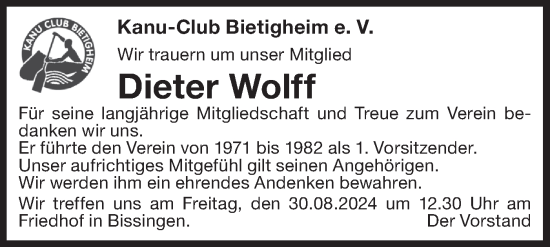 Traueranzeige von Dieter Wolff von Bietigheimer Zeitung