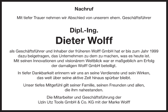 Traueranzeige von Dieter Wolff von Bietigheimer Zeitung