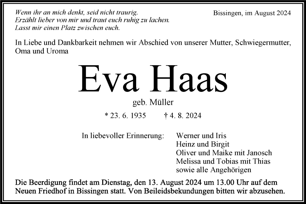  Traueranzeige für Eva Haas vom 09.08.2024 aus Bietigheimer Zeitung