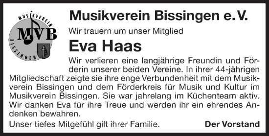 Traueranzeige von Eva Haas von Bietigheimer Zeitung