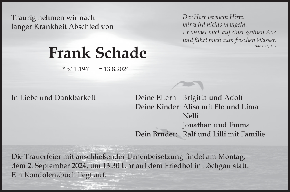  Traueranzeige für Frank Schade vom 22.08.2024 aus Bietigheimer Zeitung