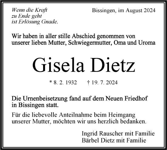 Traueranzeige von Gisela Dietz von Bietigheimer Zeitung