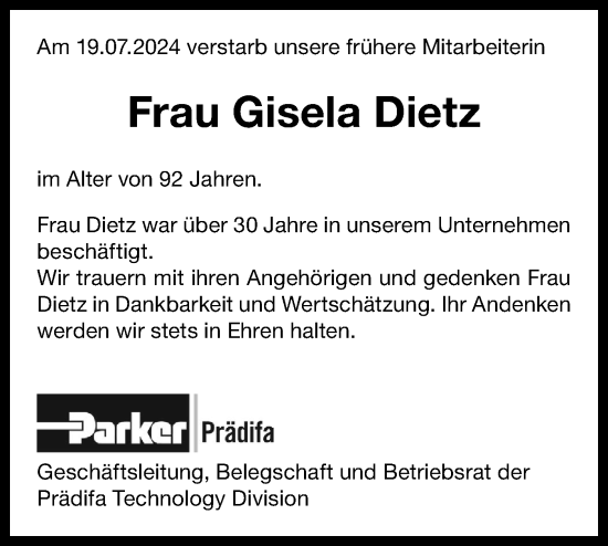 Traueranzeige von Gisela Dietz von Bietigheimer Zeitung