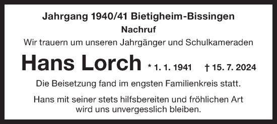 Traueranzeige von Hans Lorch von Bietigheimer Zeitung