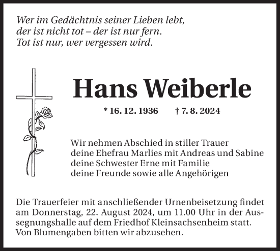 Traueranzeige von Hans Weiberle von Bietigheimer Zeitung