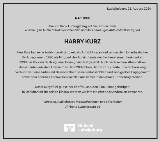 Traueranzeige von Harry Kurz von Bietigheimer Zeitung