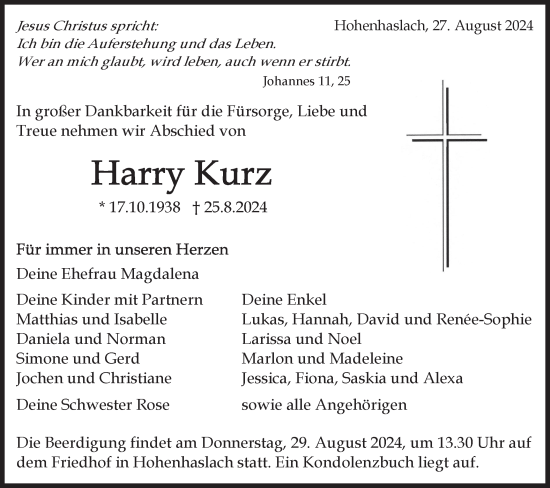 Traueranzeige von Harry Kurz von Bietigheimer Zeitung