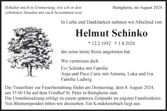 Traueranzeige von Helmut Schinko von Bietigheimer Zeitung