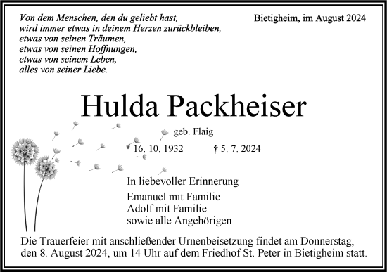 Traueranzeige von Hulda Packheiser von Bietigheimer Zeitung