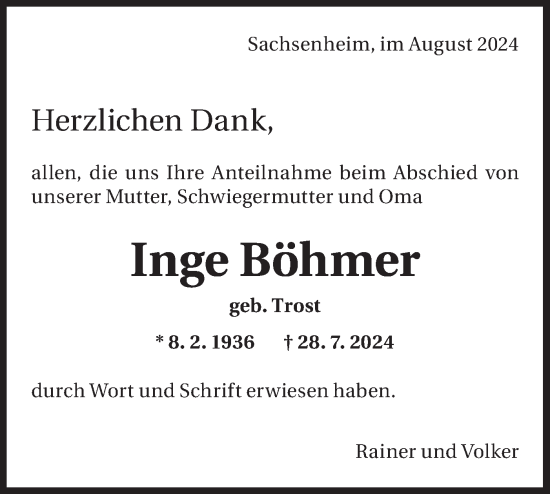 Traueranzeige von Inge Böhmer von Bietigheimer Zeitung