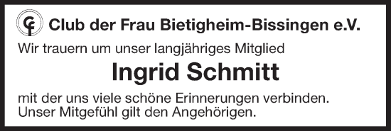 Traueranzeige von Ingrid Schmitt von Bietigheimer Zeitung