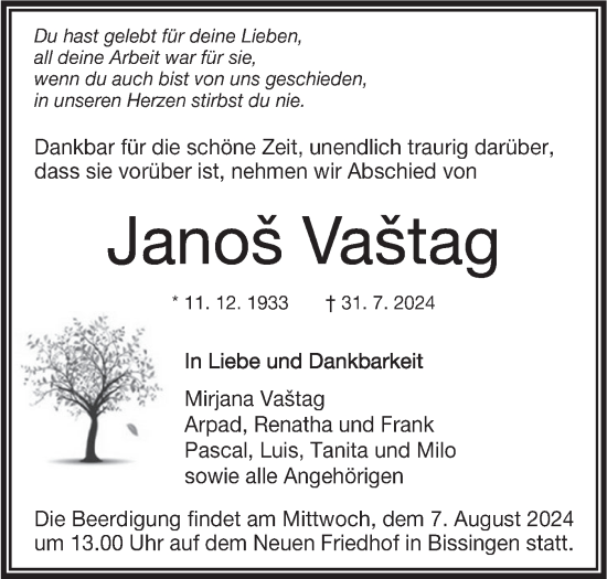 Traueranzeige von Janos Vastag von Bietigheimer Zeitung