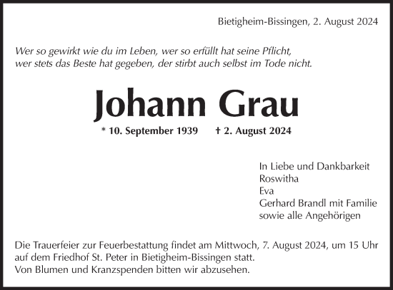 Traueranzeige von Johann Grau von Bietigheimer Zeitung