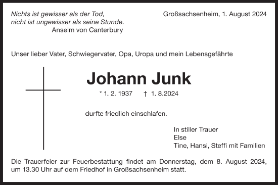 Traueranzeige von Johann Junk von Bietigheimer Zeitung