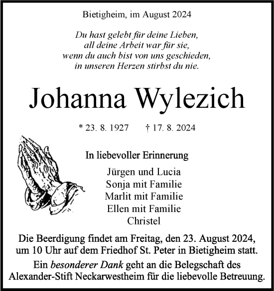 Traueranzeige von Johanna Wylezich von Bietigheimer Zeitung