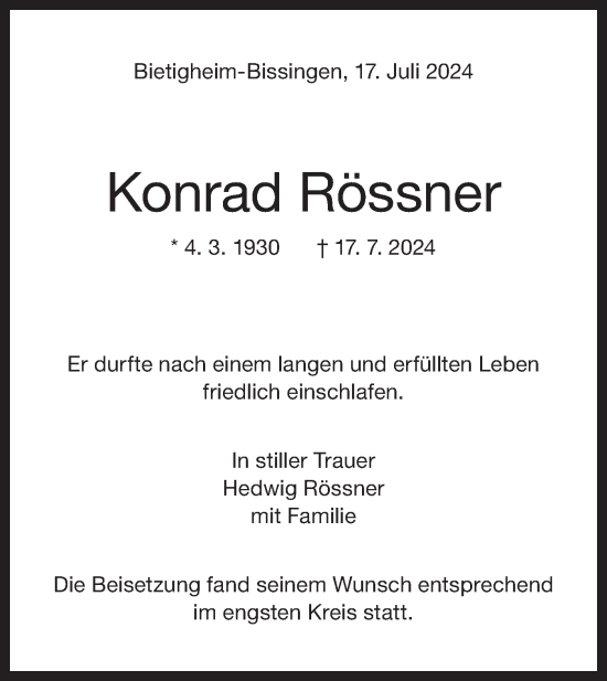 Traueranzeige von Konrad Rössner von Bietigheimer Zeitung