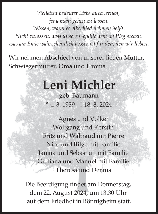 Traueranzeige von Leni Michler von Bietigheimer Zeitung