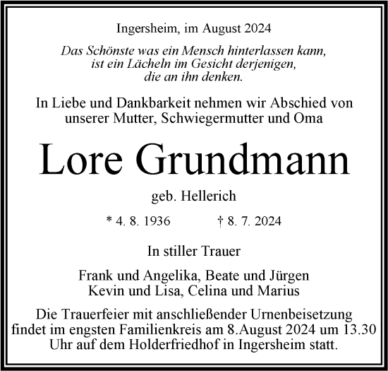 Traueranzeige von Lore Grundmann von Bietigheimer Zeitung