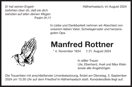 Traueranzeige von Manfred Rottner von Bietigheimer Zeitung