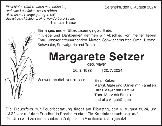 Traueranzeige von Margarete Setzer von Bietigheimer Zeitung