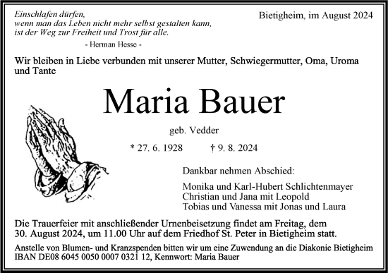 Traueranzeige von Maria Bauer von Bietigheimer Zeitung