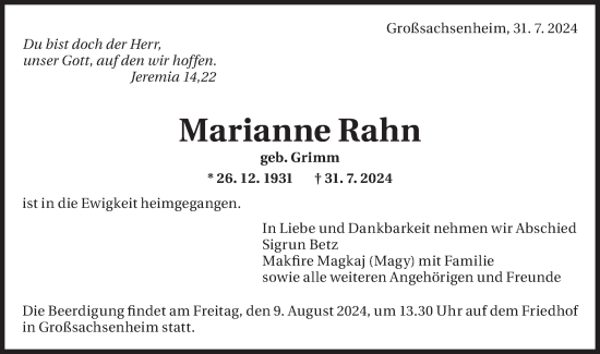 Traueranzeige von Marianne Rahn von Bietigheimer Zeitung