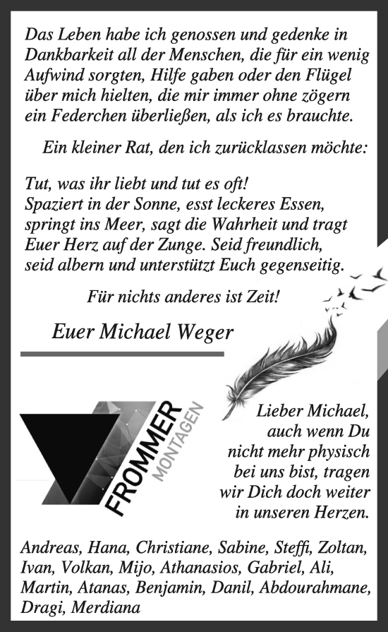 Traueranzeige von Michael Weger von Bietigheimer Zeitung