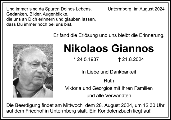 Traueranzeige von Nikolaos Giannos von Bietigheimer Zeitung