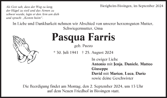 Traueranzeige von Pasqua Farris von Bietigheimer Zeitung