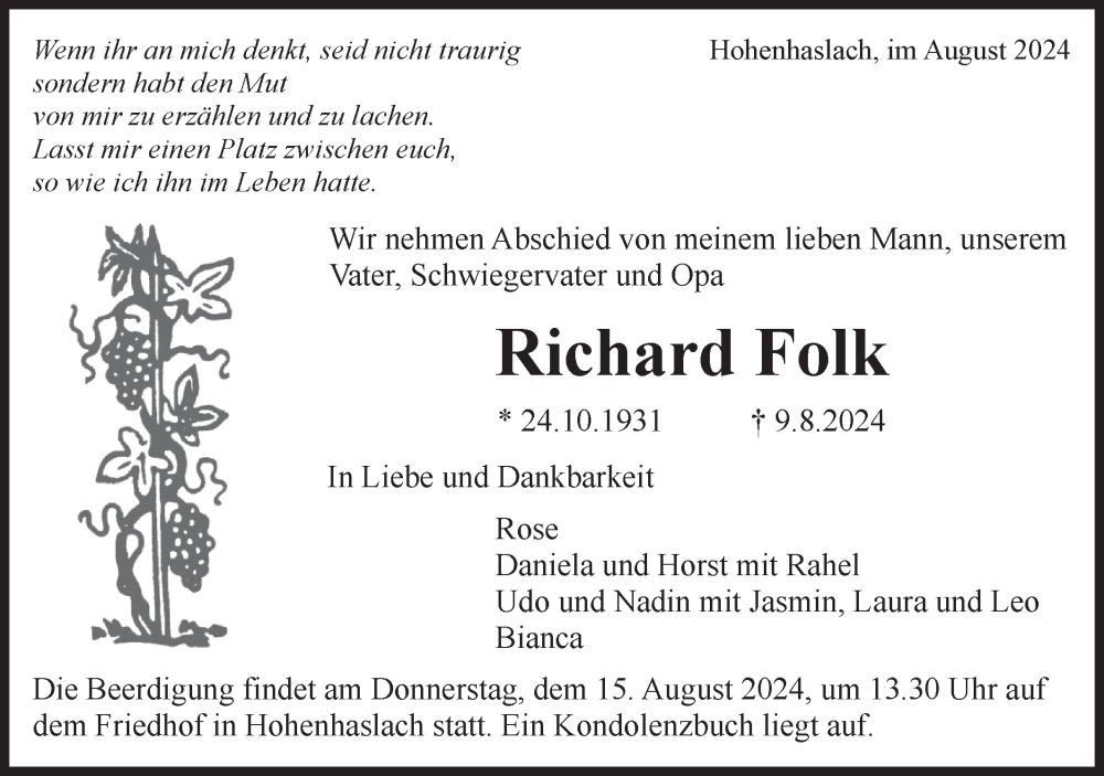  Traueranzeige für Richard Folk vom 13.08.2024 aus Bietigheimer Zeitung