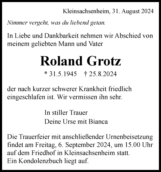 Traueranzeige von Roland Grotz von Bietigheimer Zeitung