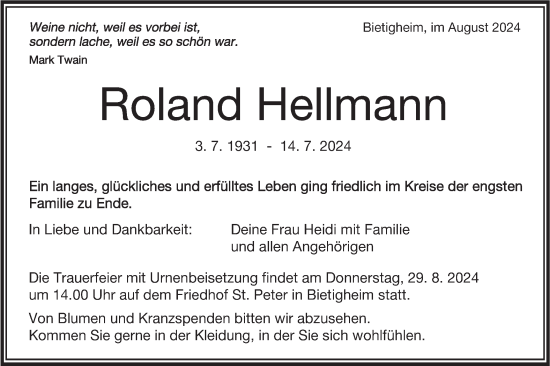 Traueranzeige von Roland Hellmann von Bietigheimer Zeitung