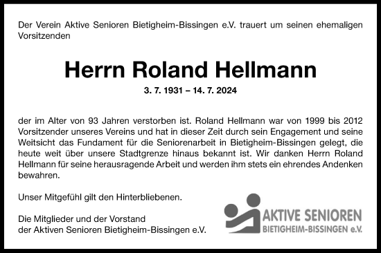 Traueranzeige von Roland Hellmann von Bietigheimer Zeitung