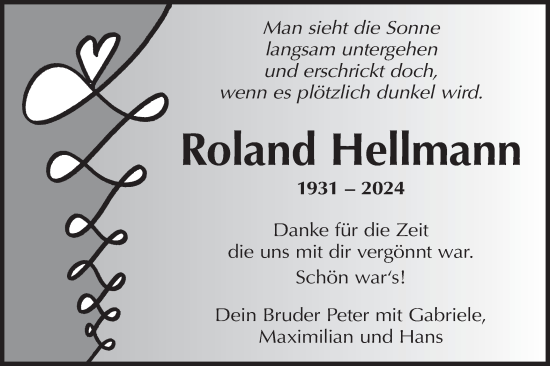 Traueranzeige von Roland Hellmann von Bietigheimer Zeitung