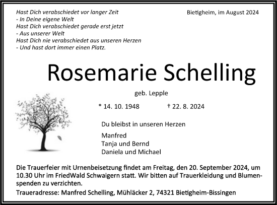 Traueranzeige von Rosemarie Schelling von Bietigheimer Zeitung