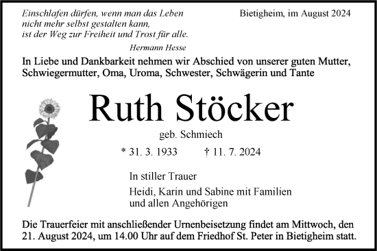 Traueranzeige von Ruth Stöcker von Bietigheimer Zeitung