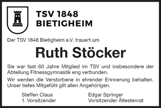 Traueranzeige von Ruth Stöcker von Bietigheimer Zeitung