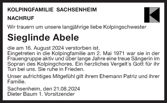 Traueranzeige von Sieglinde Abele von Bietigheimer Zeitung