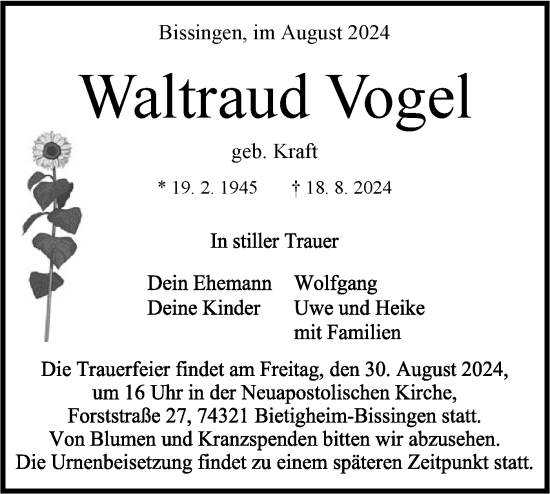 Traueranzeige von Waltraud Vogel von Bietigheimer Zeitung