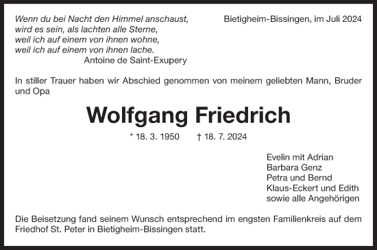 Traueranzeige von Wolfgang Friedrich von Bietigheimer Zeitung